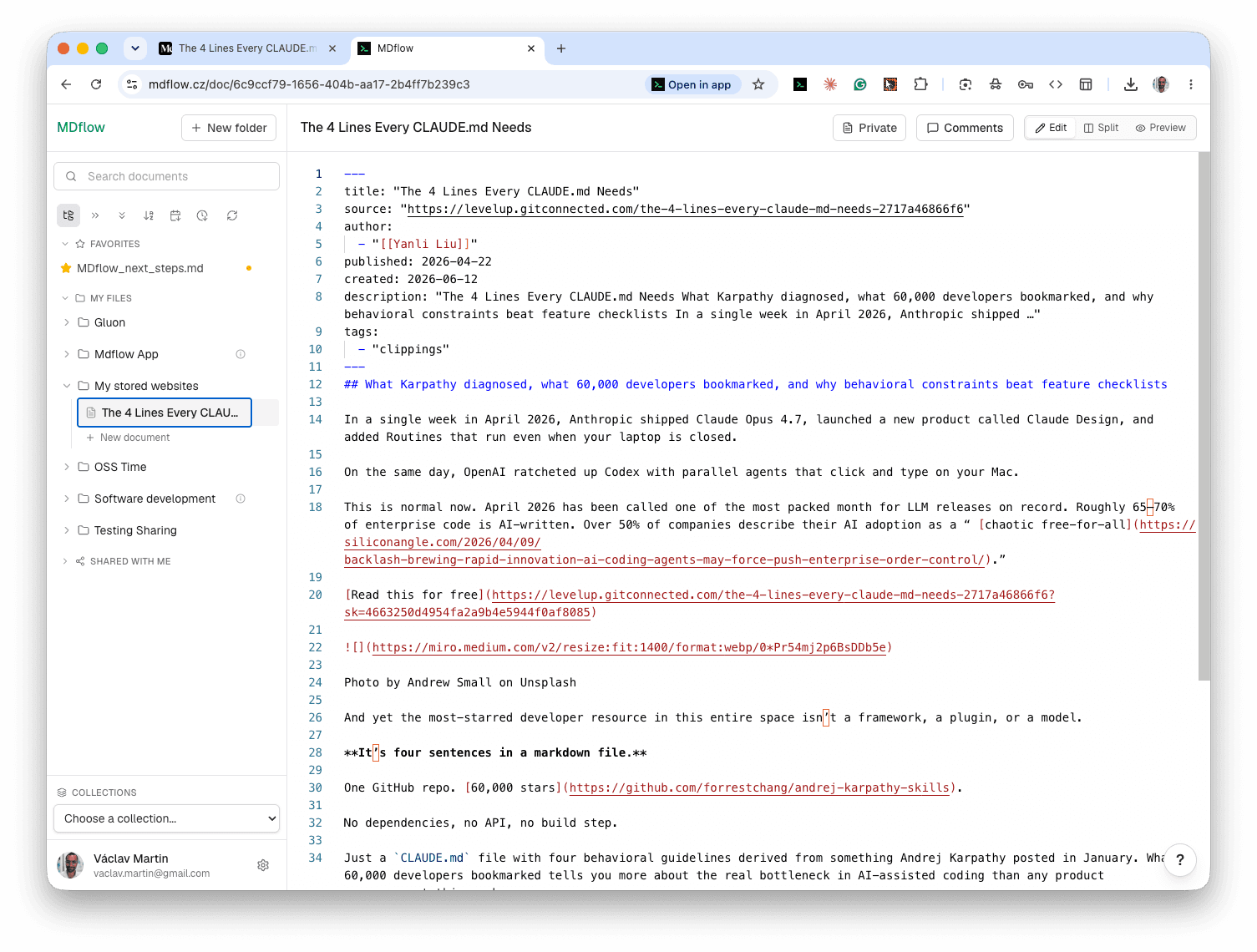 A clipped article open as Markdown inside the MDflow editor