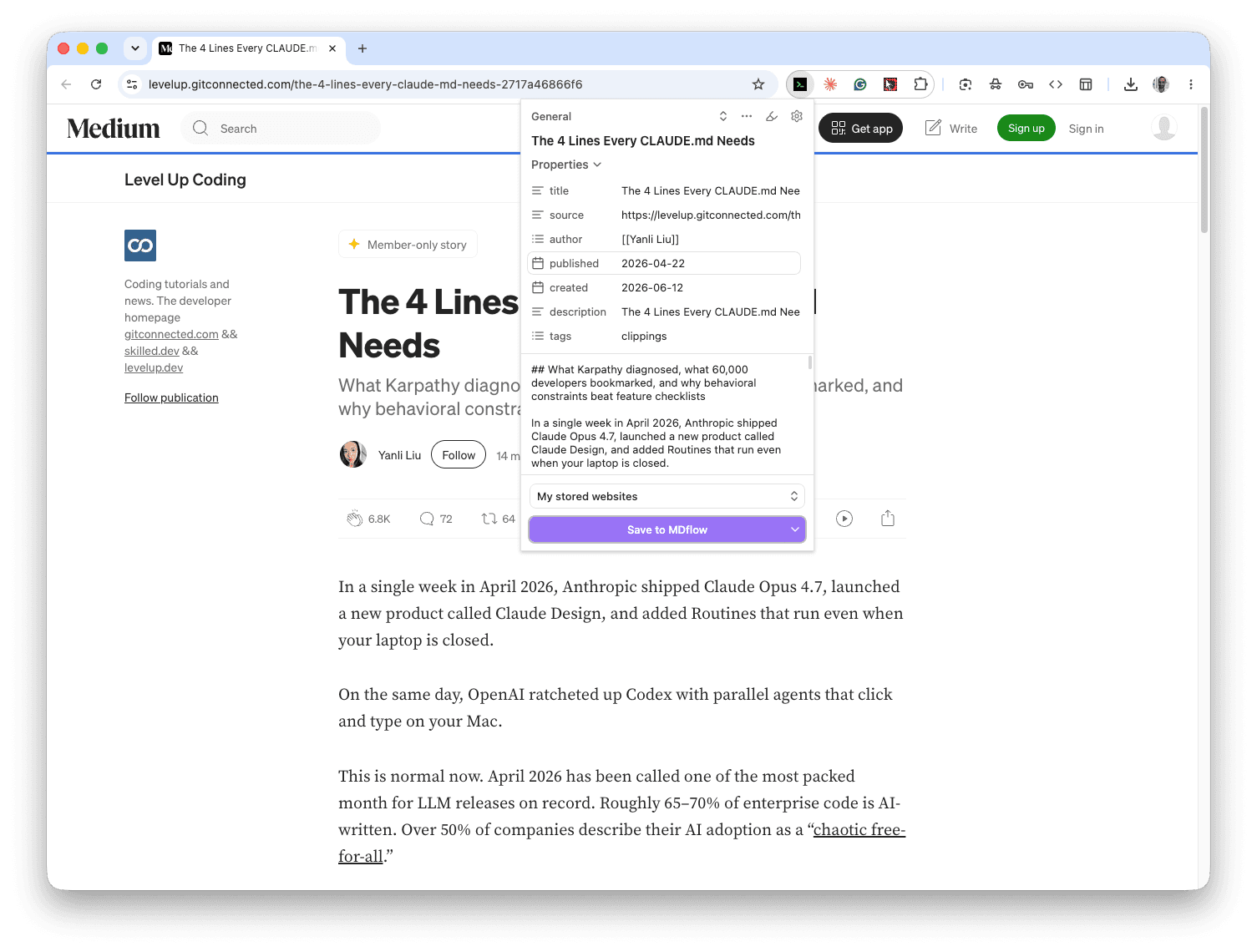 MDflow Web Clipper open over an article, ready to save the page as Markdown
