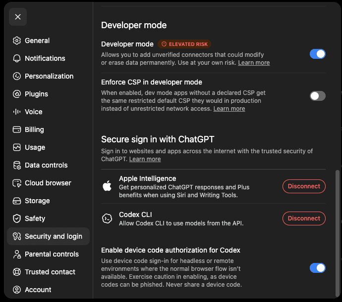 ChatGPT Settings → Security and login, with the Developer mode toggle switched on.