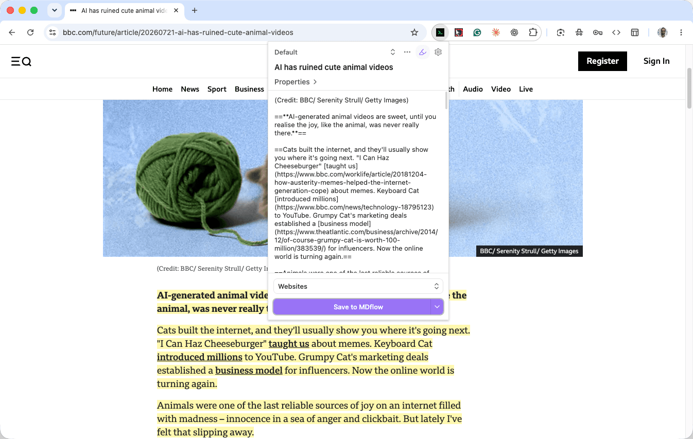The MDflow Web Clipper on a news article with several passages highlighted in yellow, and the clipper panel beside them showing the captured markdown with those passages marked, a folder picker set to Websites, and a Save to MDflow button.