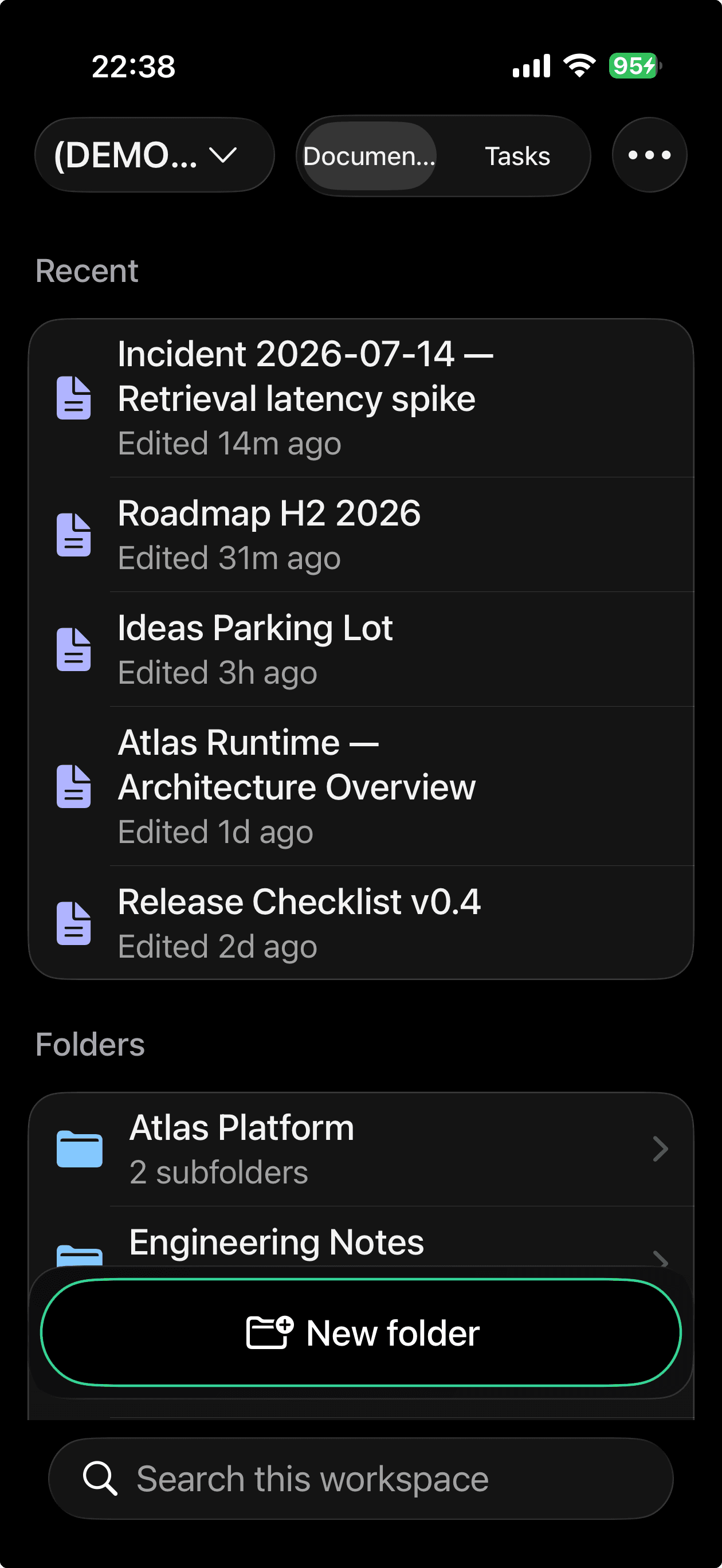 The MDflow iPhone app home screen: a workspace switcher and a Documents / Tasks toggle at the top, a Recent section listing documents with how long ago each was edited, and the top-level folders of the active workspace below.