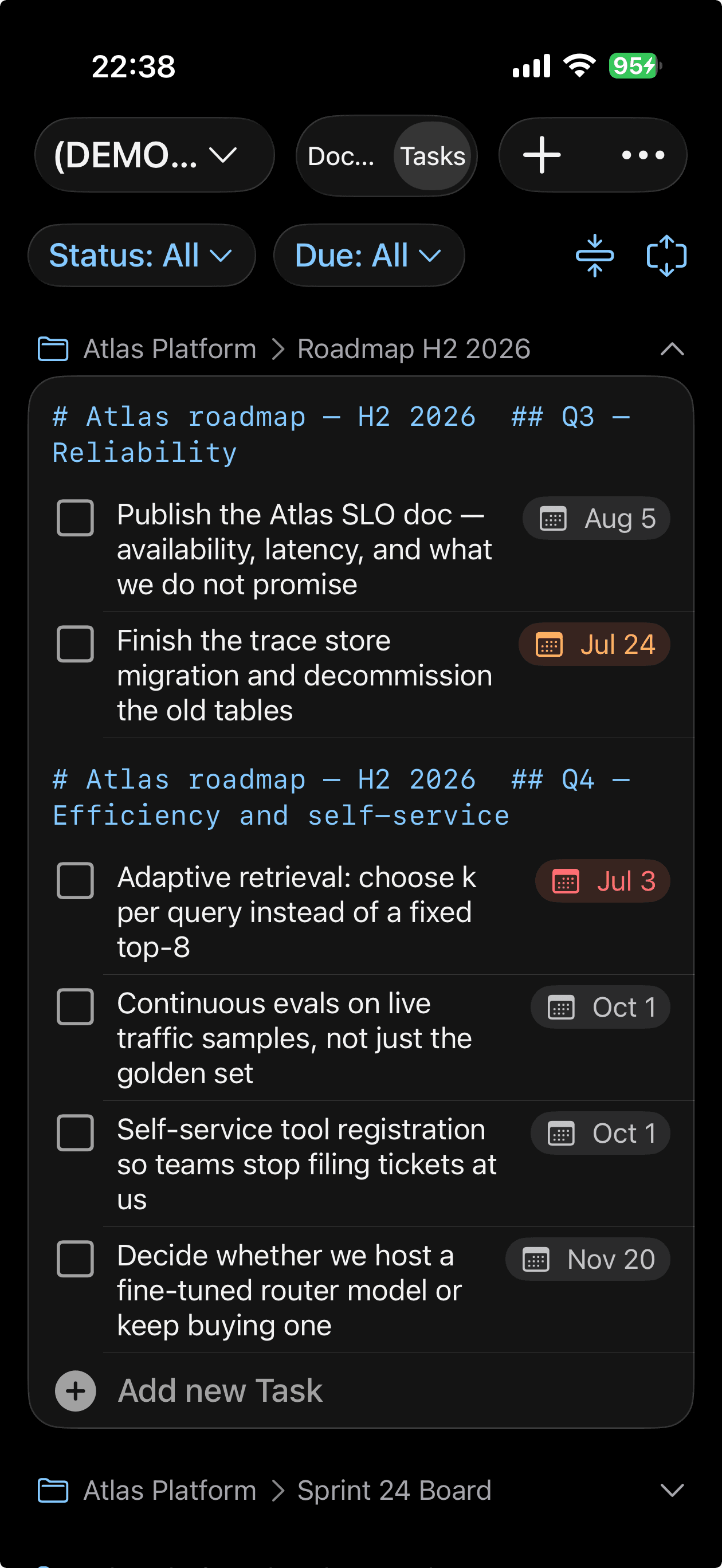 The Tasks list in the MDflow iPhone app, grouped by document with due-date chips, one shown red for overdue and one amber for today.