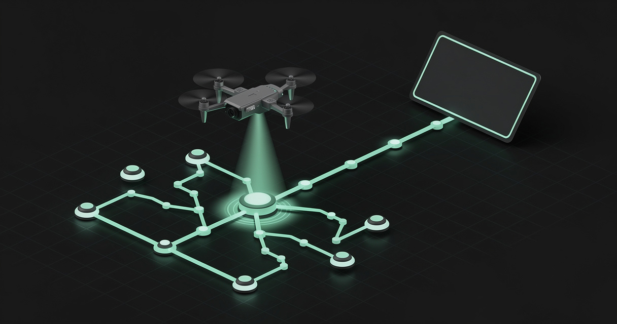 An emerald wireframe inspector drone hovering along a branching pathway of glowing nodes, shining a focused beam down onto one node mid-path, with a flat scorecard panel abandoned at the far end, on a dark terminal grid background