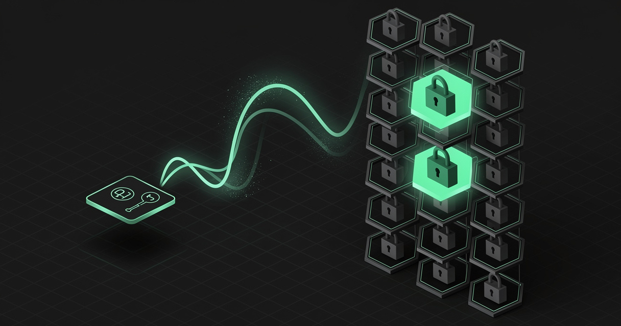 An emerald wireframe identity badge emitting a signature wave in front of a tall lattice of padlocked hexagonal capability tiles, two of them unlocked and lit, on a dark terminal-grid background