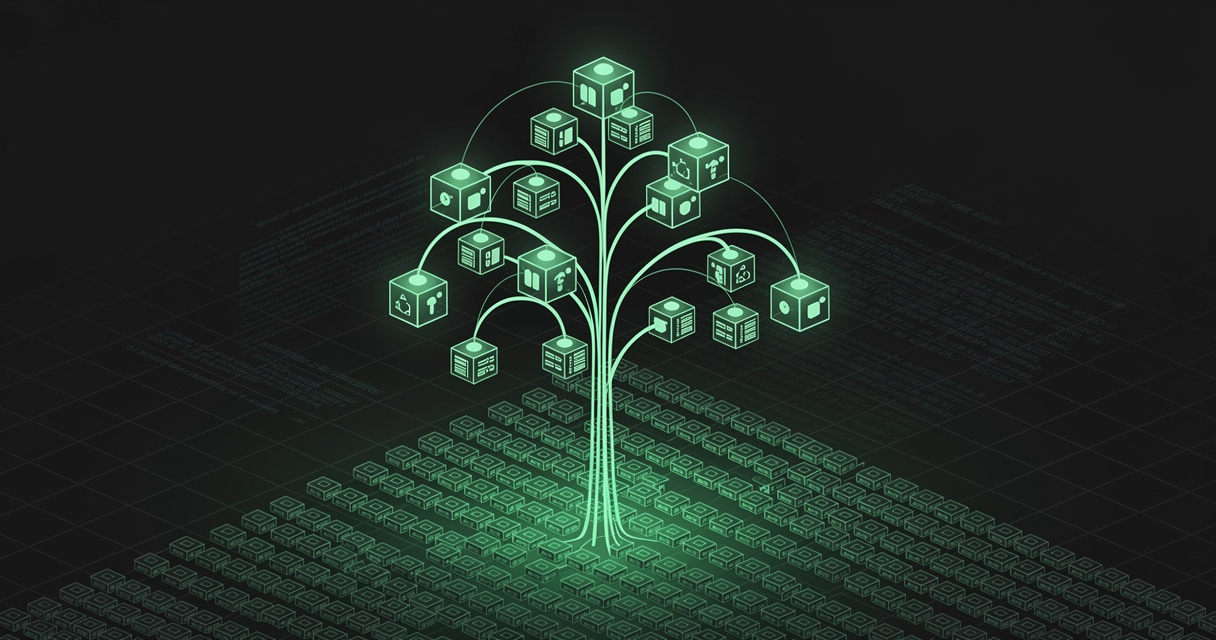 An emerald wireframe branching tree of nested nodes rising out of a flat plane of dim, uniform rows, with curved links arcing between distant branches, on a dark terminal grid background