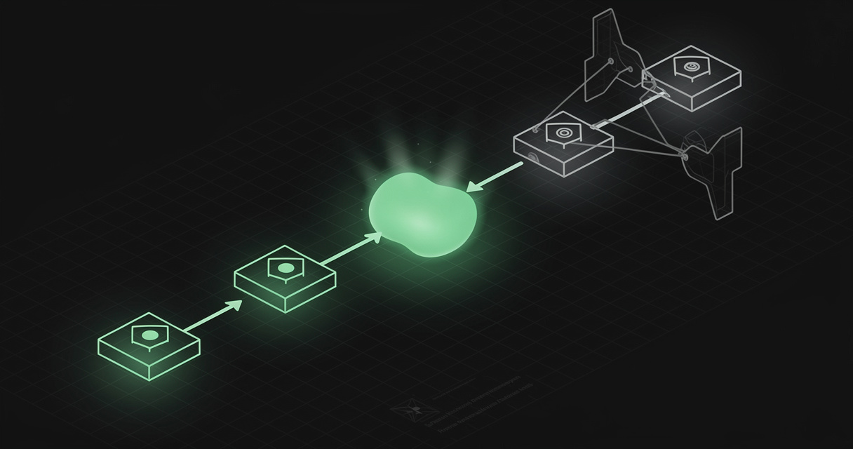 An emerald wireframe directed acyclic execution graph flowing left to right with one swollen glowing node in the middle, and a faint ghost outline of the same graph offset behind it showing a shifted shape