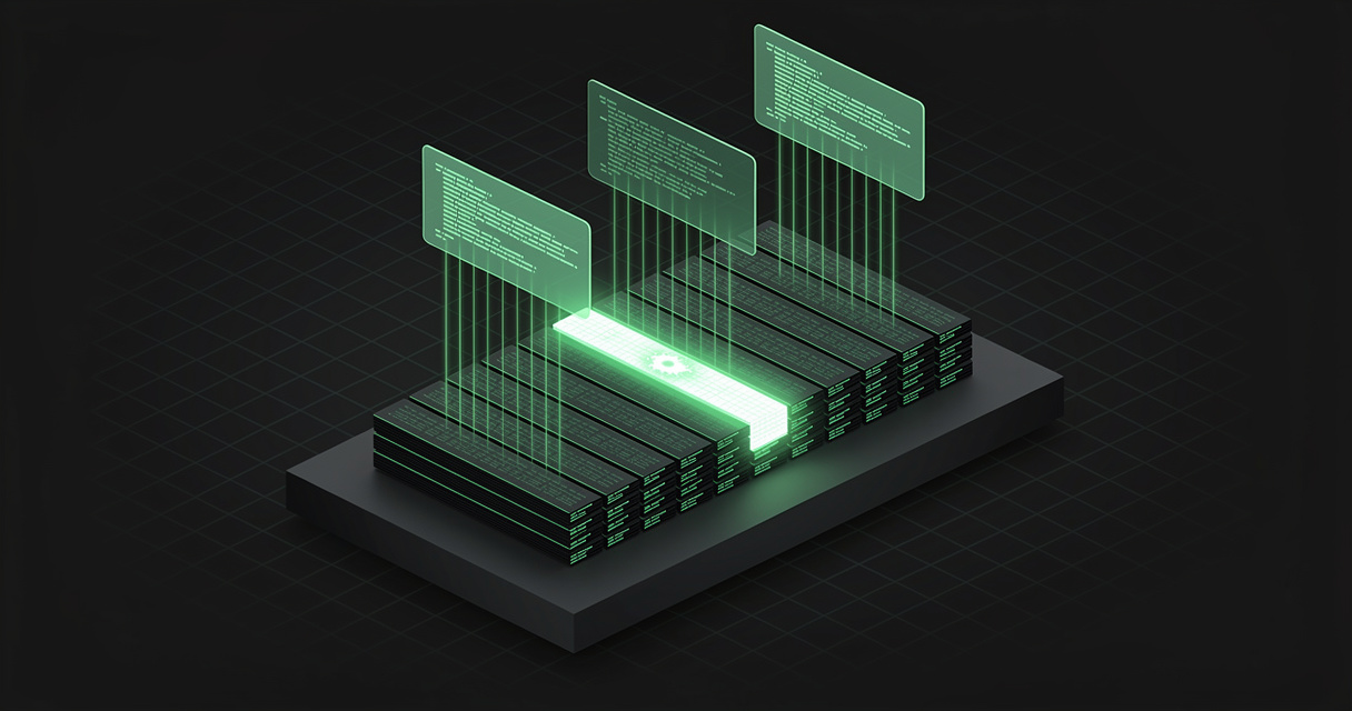 Three translucent emerald scanning panes sweeping in sequence over a stacked slab of wireframe code bars on a dark terminal grid, one bar glowing where a flaw was found