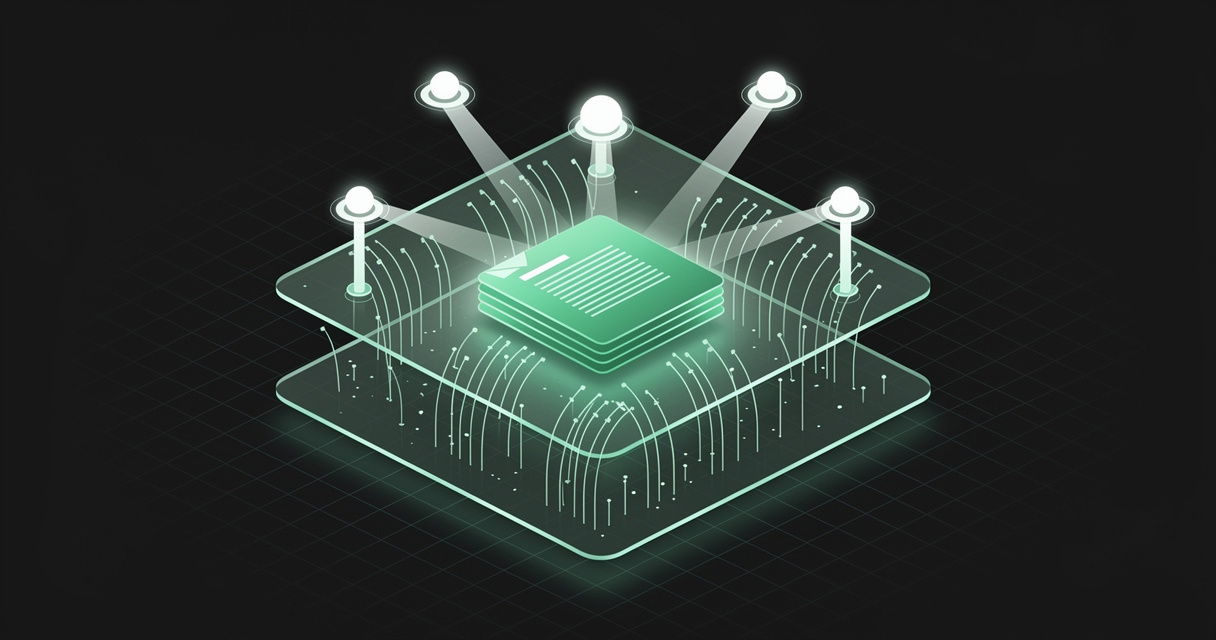 Emerald wireframe of three stacked isometric planes, with scattered signal lines converging into a glowing slab of layered documents at the centre and ordered beams fanning out to bright nodes above