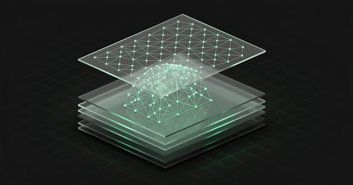 An emerald wireframe lattice of nodes and relationships lifting out of a dense stack of translucent document planes and projecting onto a clear plane above, on a dark terminal grid background