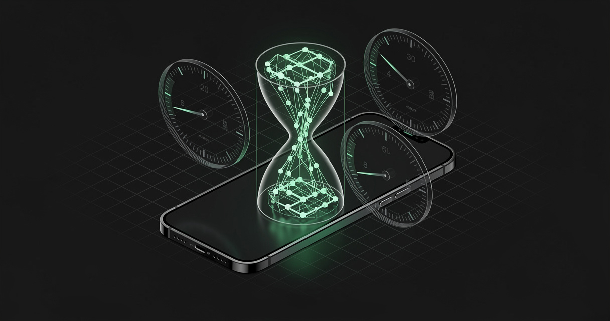 An emerald wireframe agent reasoning loop compressed inside a narrow hourglass frame, squeezed by three thin constraint gauges, set within the outline of a handheld device on a dark terminal grid background