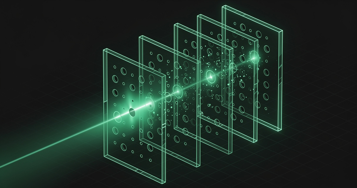 Four emerald wireframe panels punched with scattered holes, standing one behind another in deep perspective, with a beam of light threading through a chain of aligned holes, on a dark terminal grid background