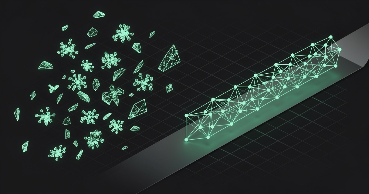 Disconnected emerald wireframe fragments on the left resolving into a single connected lattice threaded along a timeline on the right, on a dark terminal-grid background