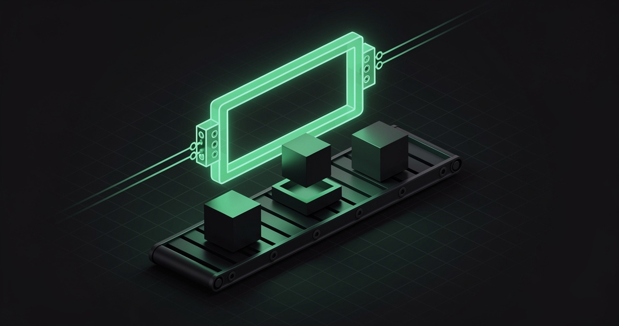 A fixed emerald wireframe contract frame with input and output ports held still above a conveyor of interchangeable dark model cubes, one lifted mid-swap, on a dark terminal-grid background