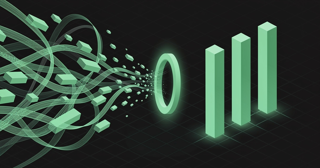 A chaotic emerald swarm of wireframe ribbons and blocks compressing through a narrow glowing aperture on a dark terminal grid, emerging as three clean evenly spaced bars