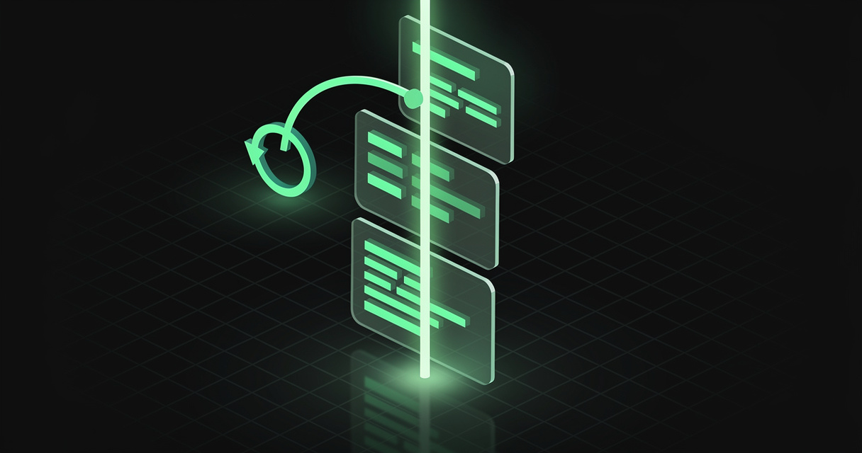 An emerald wireframe version-history timeline: a vertical spine of light linking floating document cards with added and changed lines and a circular restore node, on a dark terminal-grid background